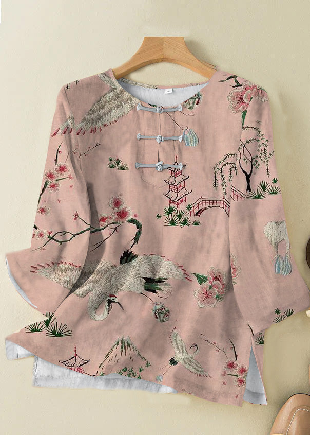 Grace Style Pink Crane O-Neck Print Oriental Button Side Open Linen Shirt Top Bracelet Sleeve TP050