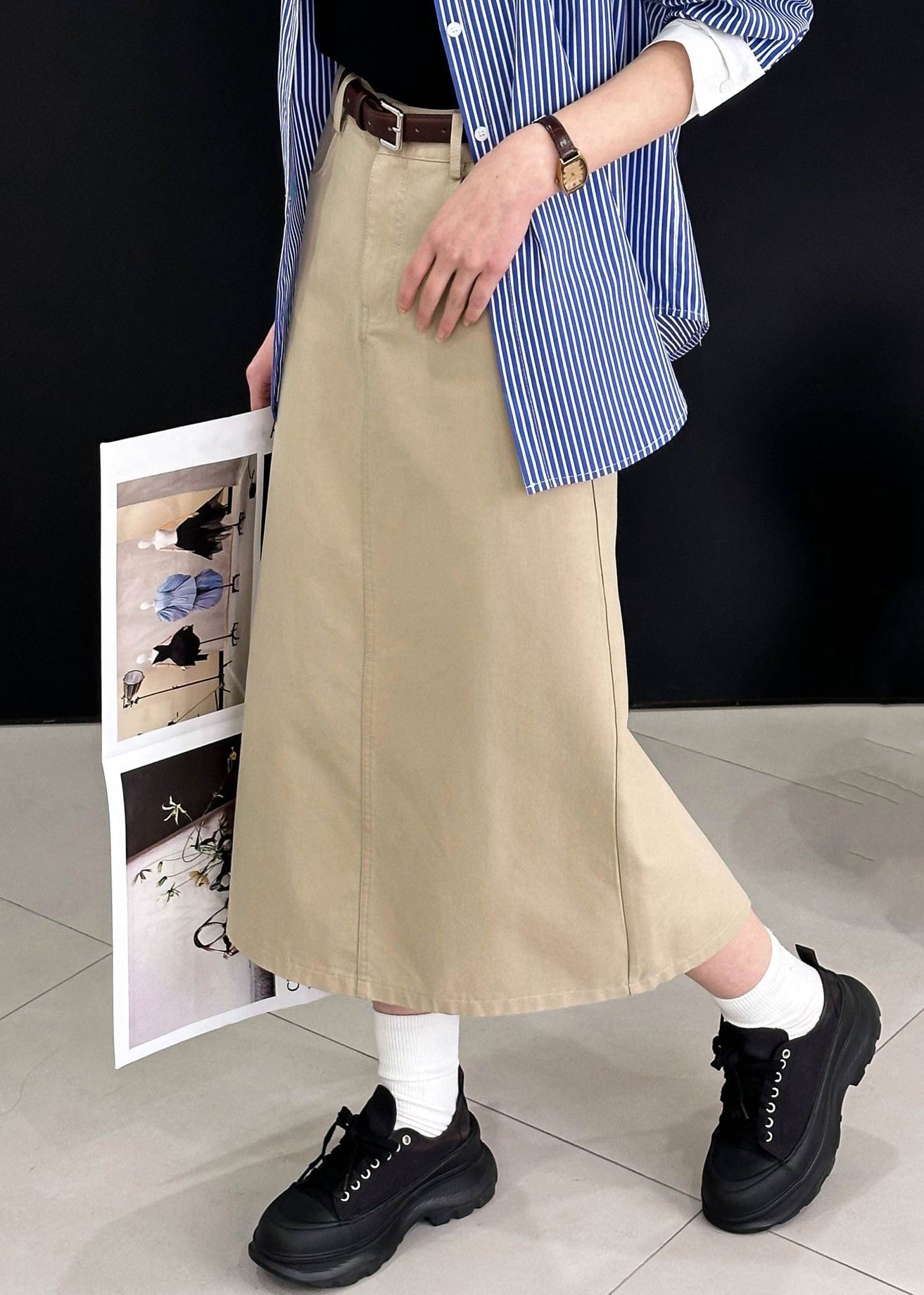 Khaki Side Open Solid Cotton Skirt High Waist AF1068