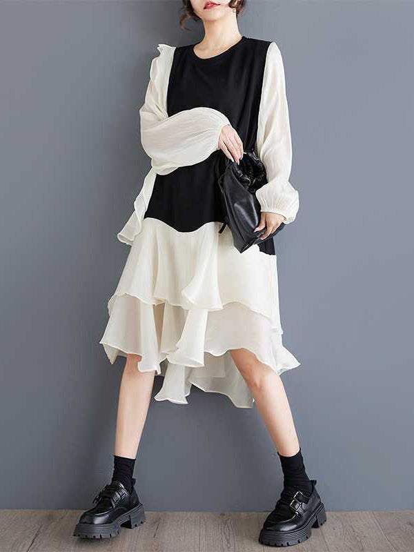 Schickes schwarzes Patchwork-Kleid mit Rundhalsausschnitt, kontrastfarbenem Rüschenbesatz und High-Low-Langarm TW019 