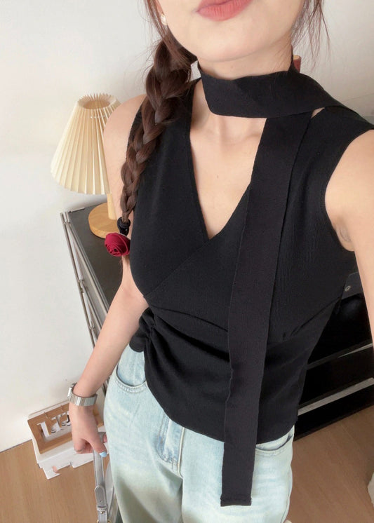 Handmade Black V Neck Wrinkled Scarf Knit Vest Summer AN1029