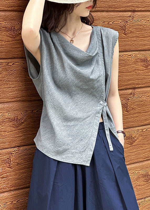 New Grey Asymmetrical Button Cotton Top Summer AF1039