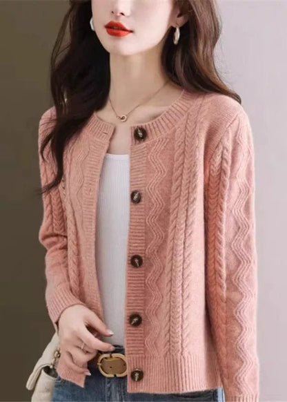 Stylish Pink O Neck Button Woolen Cardigans Fall QC038