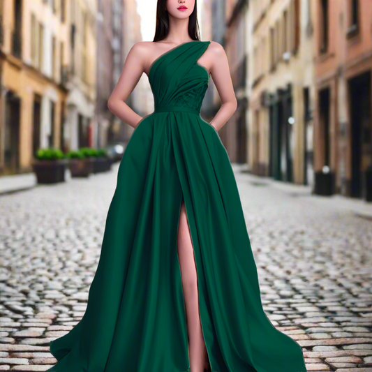 Robe en coton verte coupe slim à épaules dénudées et ouverture latérale sans manches AH342