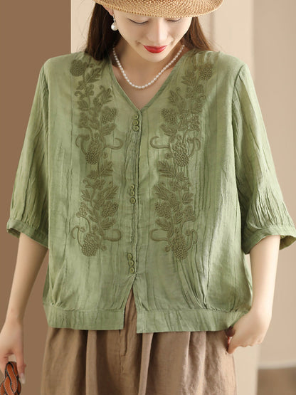 Women Vintage Summer Embroidery V-Neck Ramie Shirt PA1003