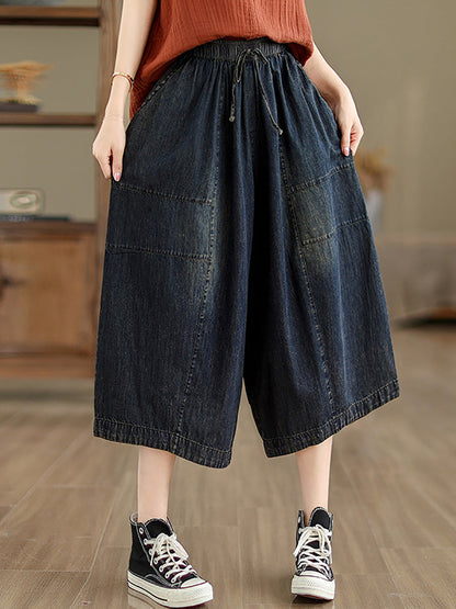 Women Summer Casual Solid Denim Spliced Wide-leg Pants PP1002