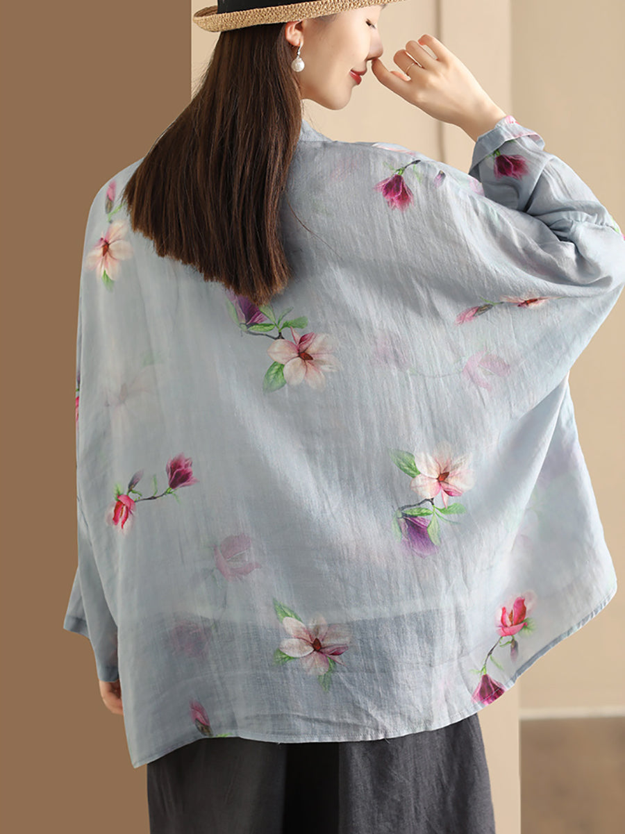 Chemise d'été boutonnée en ramie à fleurs artistiques pour femmes HH016