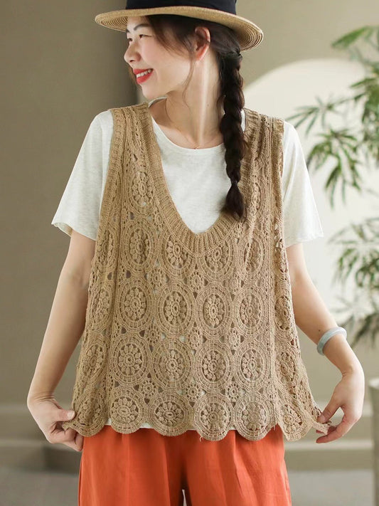 Women Artsy Knitted Cutout V-Neck Vest AS1046