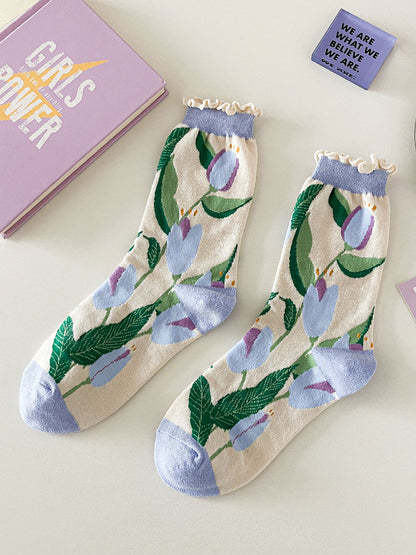 5 Pairs Women Artsy Flower Cotton Socks IO1012