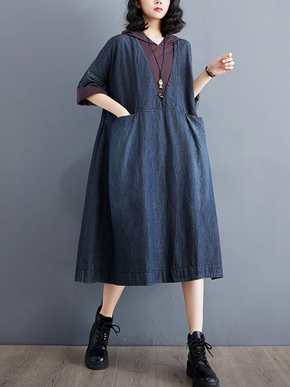 Women Summer Casual Spliced Denim Hooded Dress WE1034