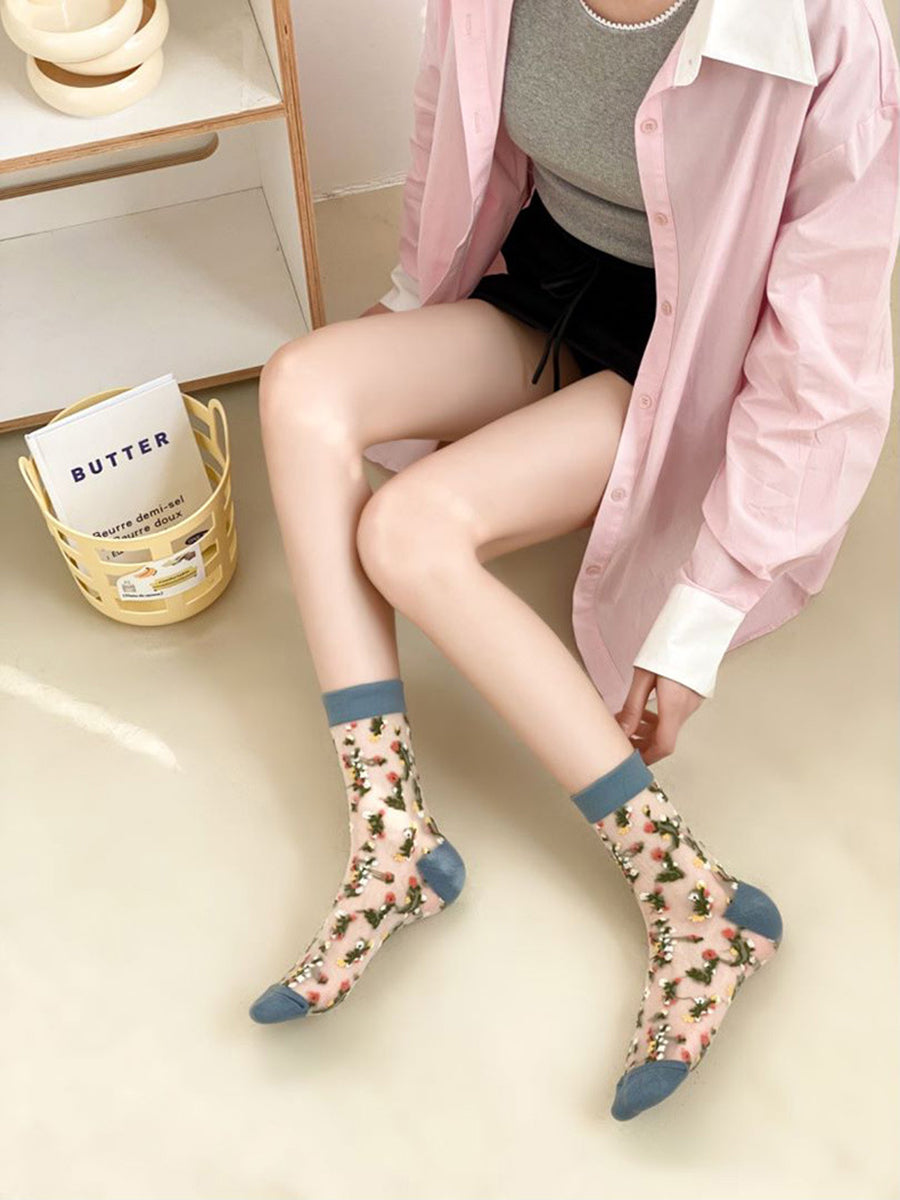 5 Pairs Women Summer Flower Jacquard Thin Socks FG1017