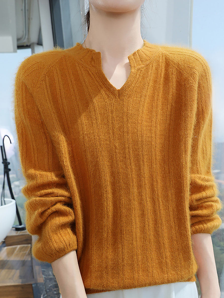 Pull en tricot chaud en laine unie à col en V pour femme AV1013 