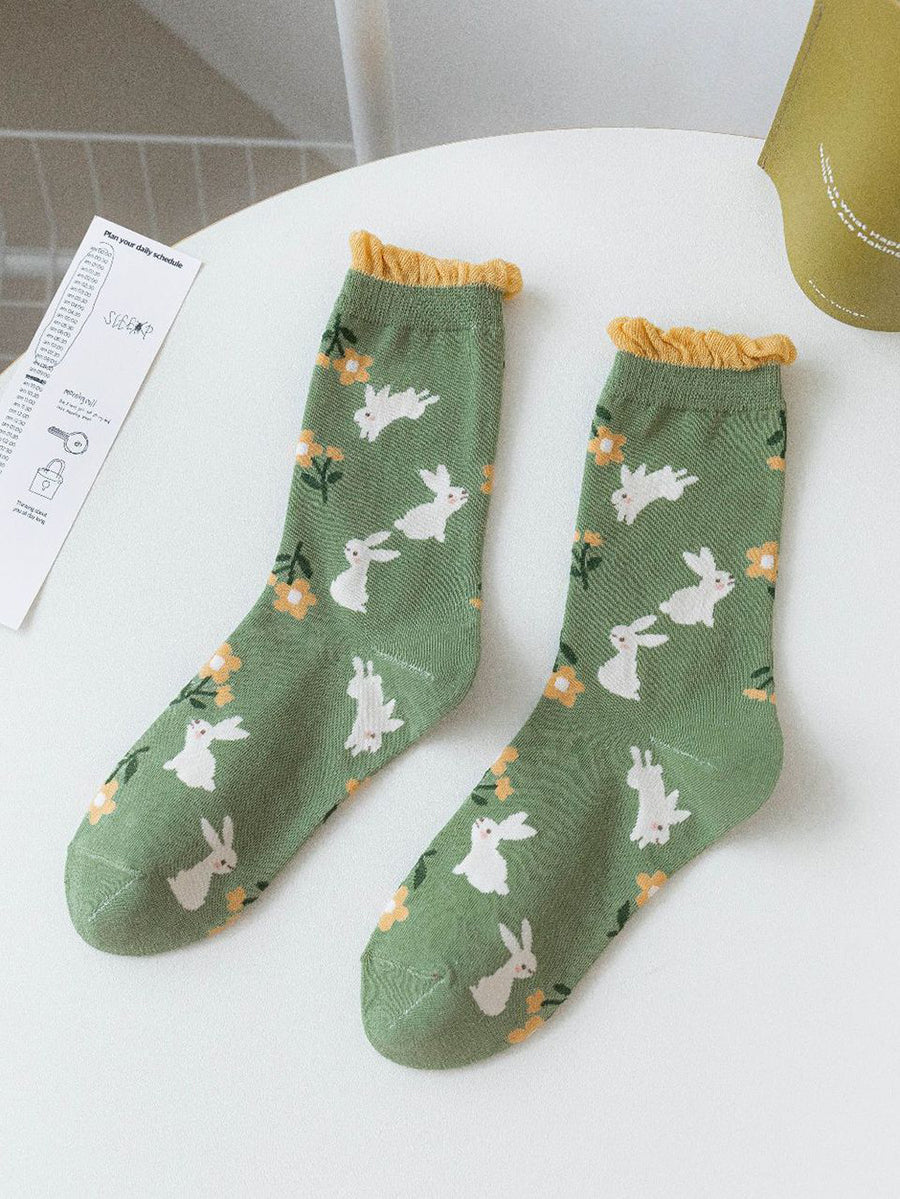 Lot de 5 paires de chaussettes mi-mollet vertes à motif floral artistique pour femmes IO1011