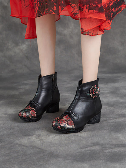 Women Ethnic Autumn Flower Spliced Leather Mid-Heel Boots AI1019