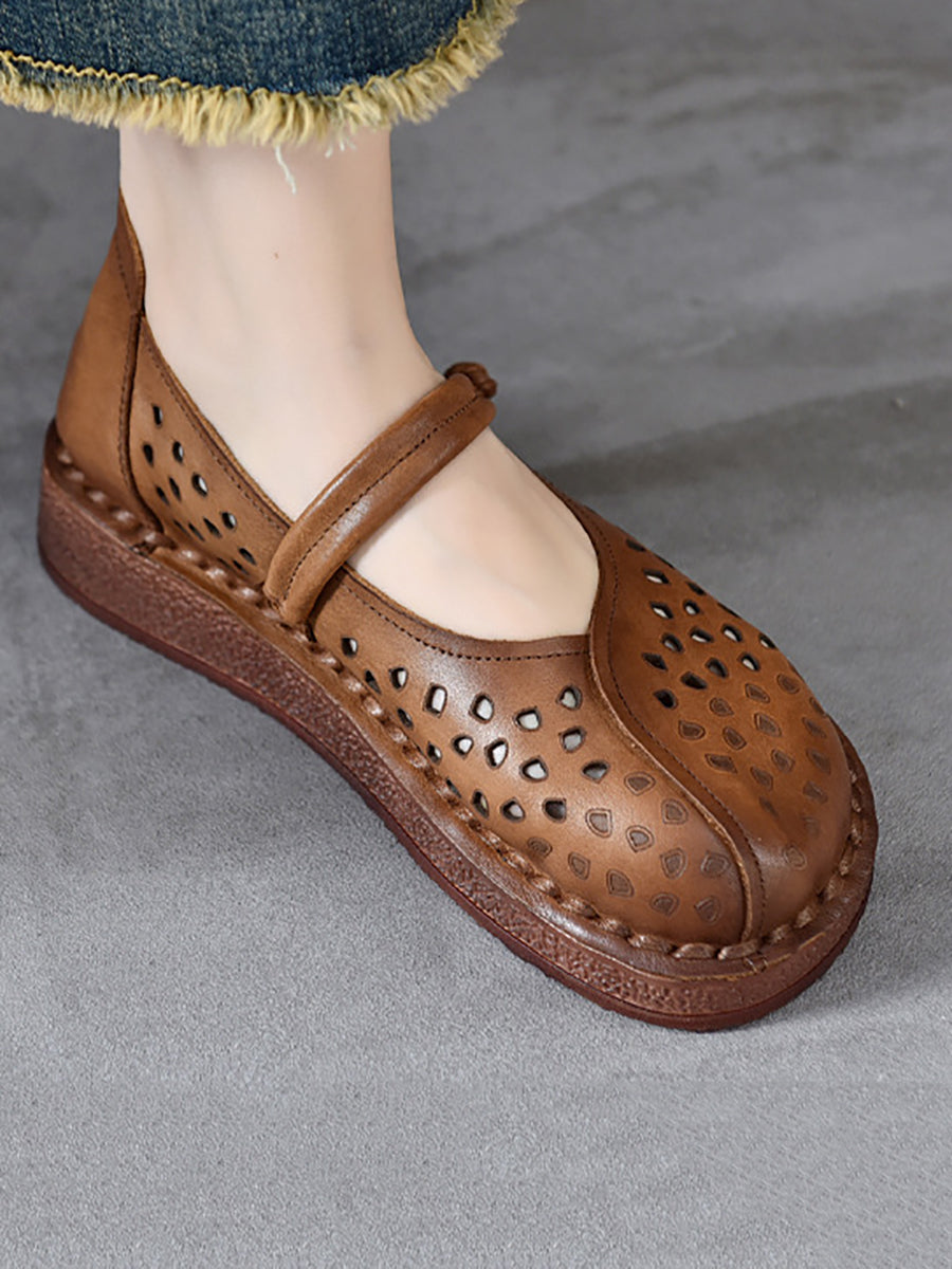 Women Summer Leather Solid Cutout Leather Flat Shoes OO1018