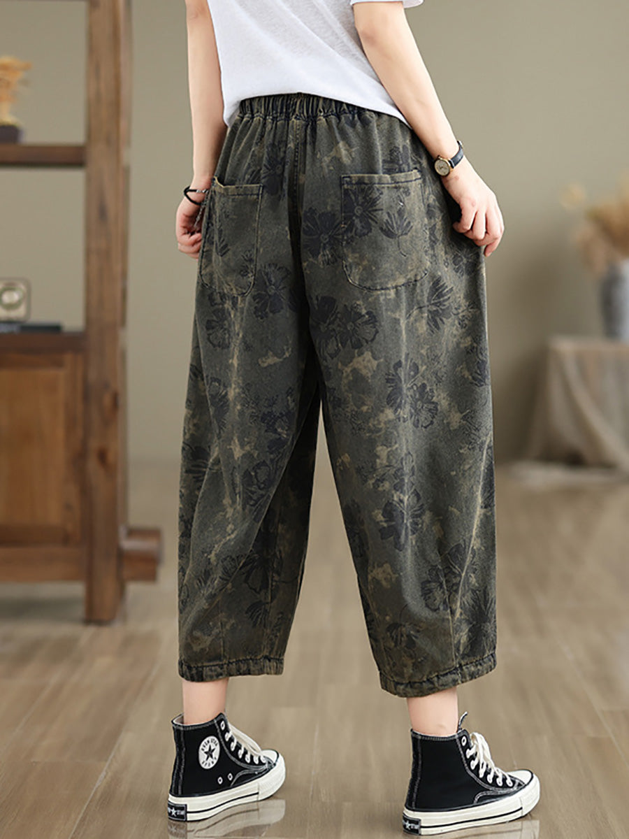 Pantalon sarouel en denim à fleurs vintage pour femme LL034