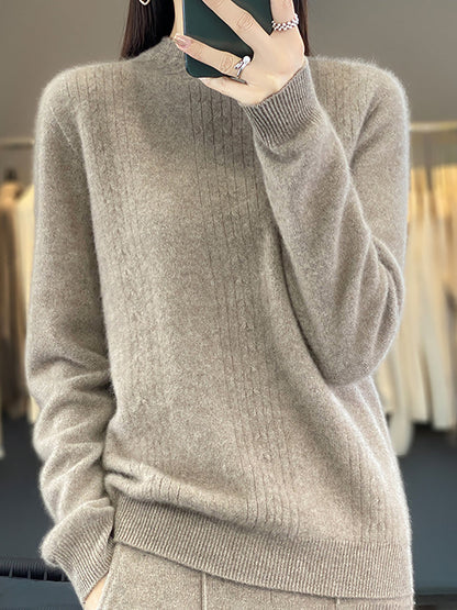 Women Autumn Solid Cable Knit 100%Wool Half Turtleneck Sweater QN028