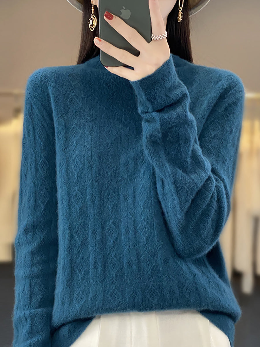 Pull col roulé décontracté pour femme en tricot 100 % laine QU028