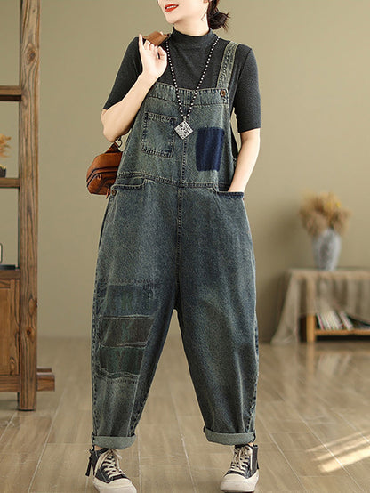 Women Retro Patchwork Loose Washed Denim Jumpsuits AH1080