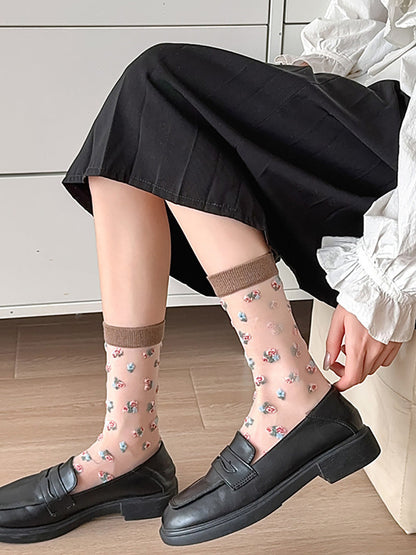 3 Pairs Women Artsy Floral Thin Socks FD037