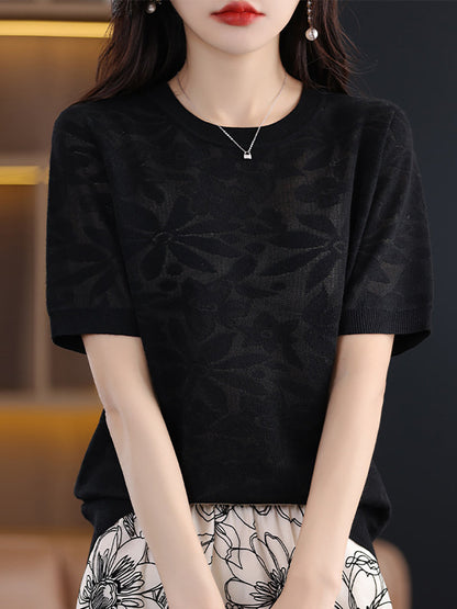 Women Summer Casual Flower Knitted Pullover Shirt WE1019