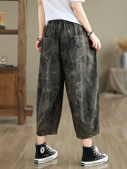 Women Summer Retro Flower  Denim Loose Pants II1003