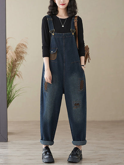 Women Autumn Retro Patchwork Denim Pocket Jumpsuits AI1048