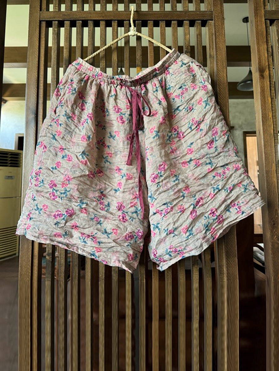 Women Summer Vintage Flower Loose Ramie Shorts RR1024