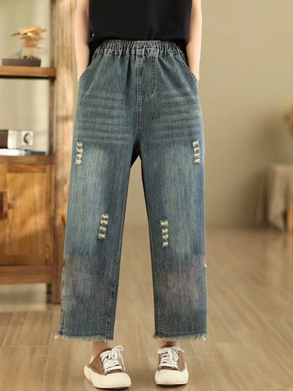 Women Summer Retro Embroidery Frayed Straight Denim Pants AS1042