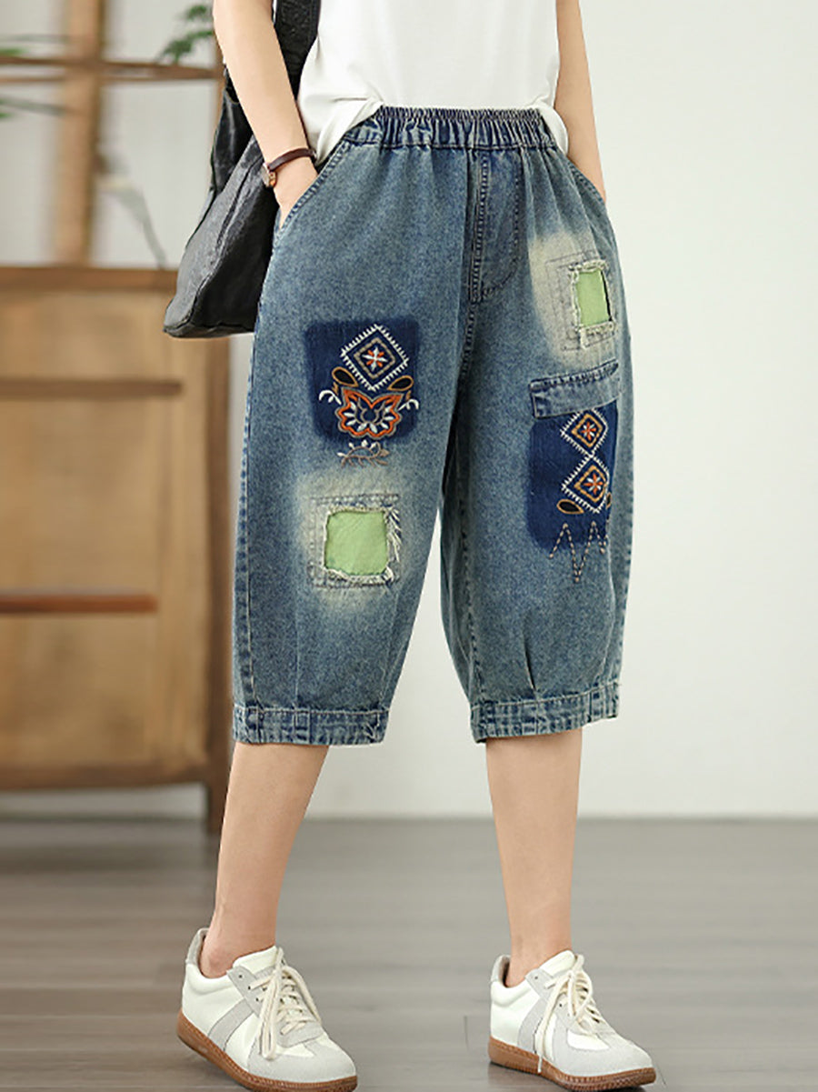 Denim Blume Retro Stickerei Fünfte Frauen Hosen Patchwork 