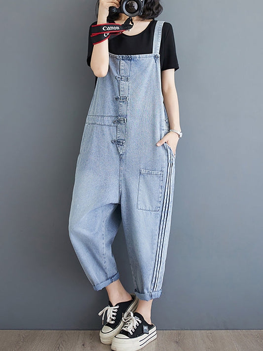 Damen Sommer Casual Solide Denim Geraffte Overalls AT1032 