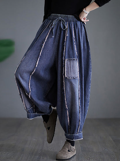 Women Summer Vintage Denim Patch Spliced Harem Pants FD031