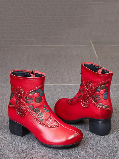 Women Ethnic Winter Flower Spliced Leather Mid-Heel Boots AI1013