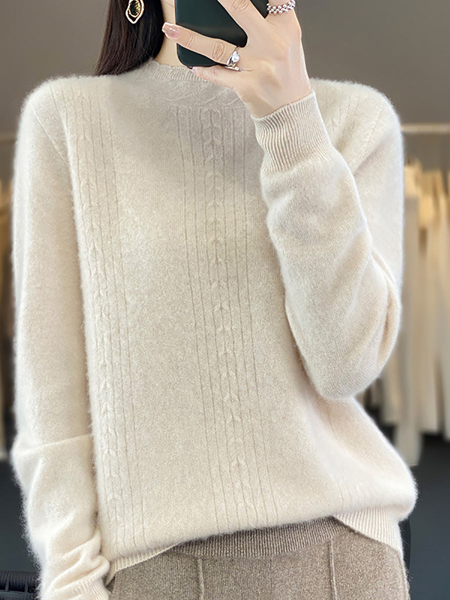 Women Autumn Solid Cable Knit 100%Wool Half Turtleneck Sweater QN028