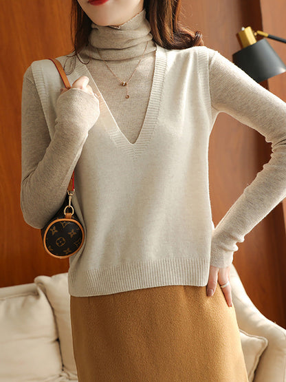 Women Casual Wool Solid V-Neck Knit Vest AK1045