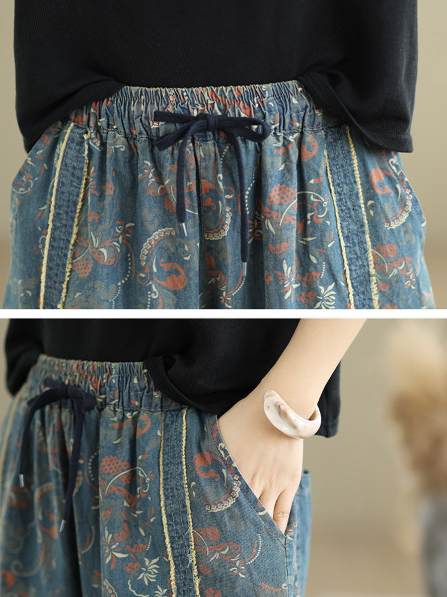Denim Patchwork Hosen Harem Frauen Retro Blume 