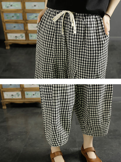 Plus Size Women Casual Summer Plaid Cotton Pants XX1032