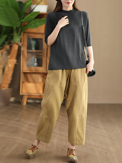 Women Autumn Vintage Solid Spliced Pocket Harem Pants AI1030