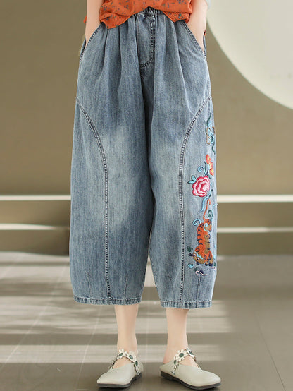 Women Artsy Flower Embroidery Denim Harem Pants AS1006