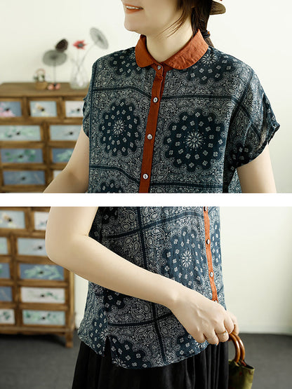 Women Summer Vintage Flower Button-up Ramie Shirt CV1054