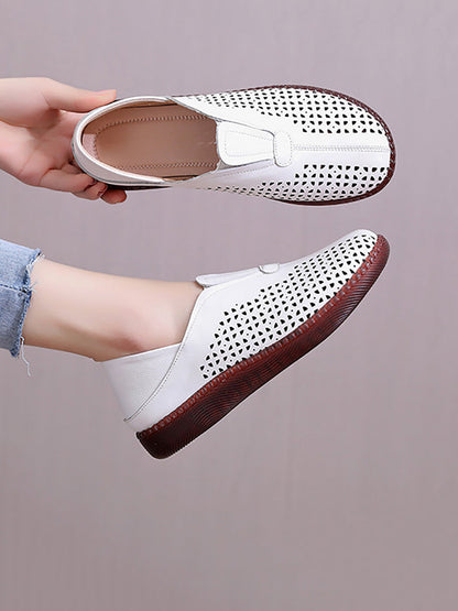 Women Summer Solid Casual Leather Cutout Flat Shoes HH048