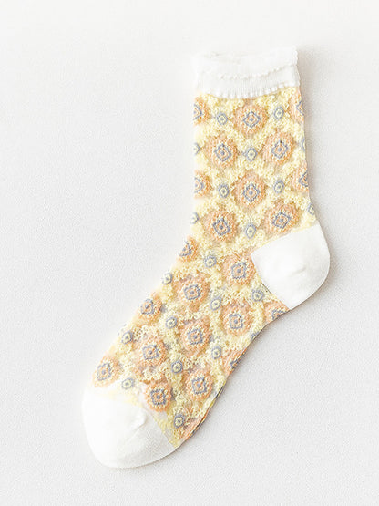 5 Pairs Women Flower Jacquard Lace Socks AS1010