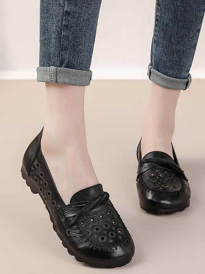 Women Vintage Leather Cutout Spliced Low Heel Shoes RR1047