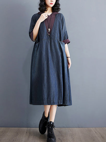 Women Summer Casual Spliced Denim Hooded Dress WE1034