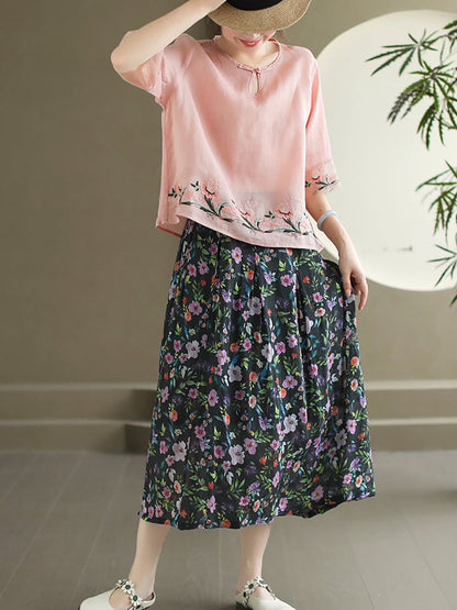 Women Summer Vintage Floral Embroidery Ramie Shirt AS1045