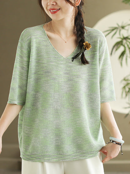 Women Summer Casual Knitted Linen V-Neck Shirt WE1029