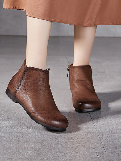 Women Solid Genuine Leather Winter Zipper Low Heel Boots AH1082