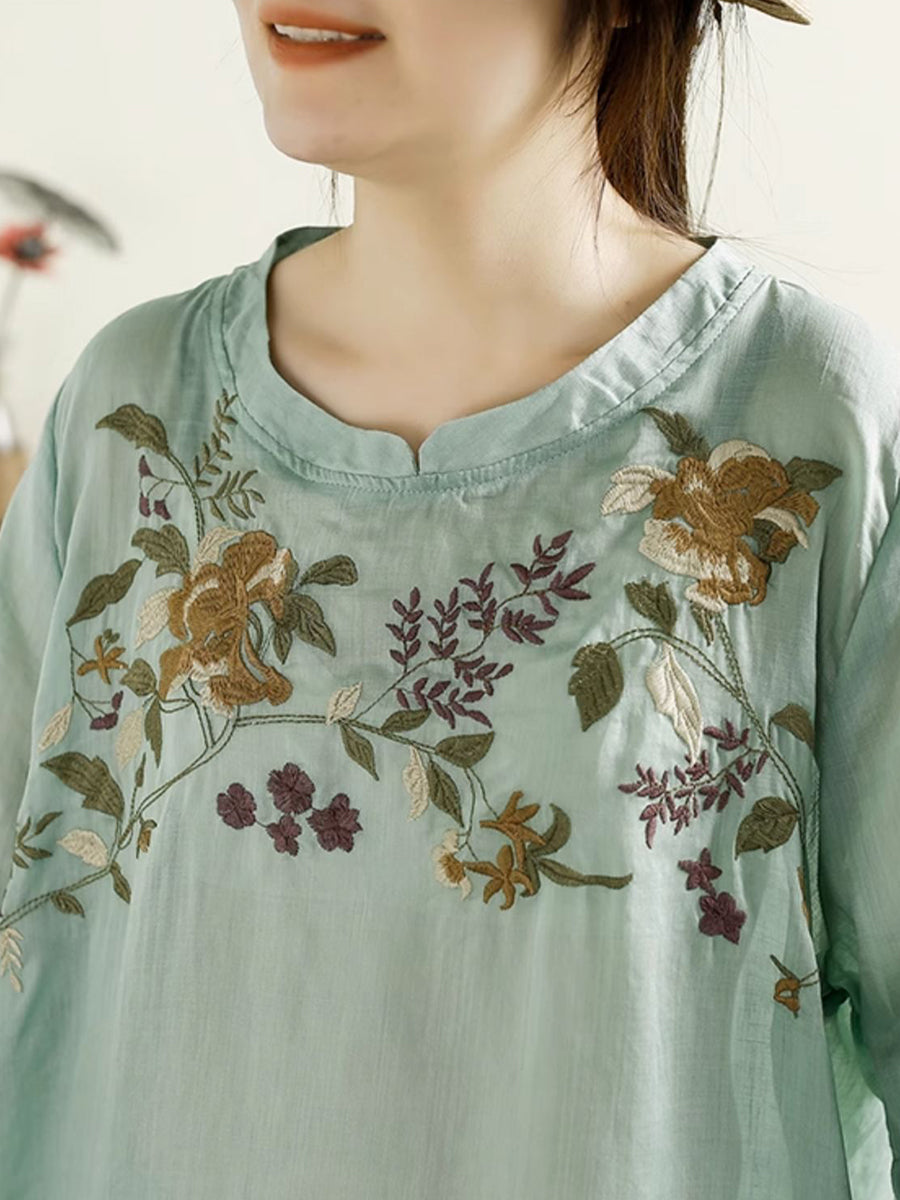 Chemise d'été en ramie avec broderie florale artistique pour femme TY1026