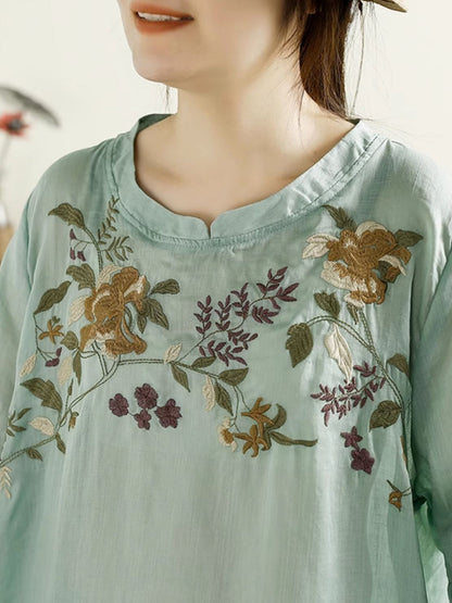 Women Summer Artsy Flower Embroidery Ramie Shirt TY1026