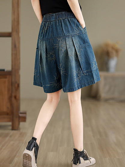 Women Summer Retro Star Jacquard Denim Fifth Pants CC012