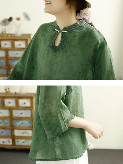 Women Summer Ethnic Floral Embroidery Thin Ramie Shirt HH041